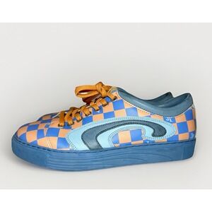 John Fluevog LoPro Fakie M 7/ W 9 Blue Orange Checkered Sneakers Shoes Leather